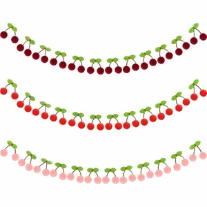 Pink and red felt cherry garland set for romantic birthday party wall decorations