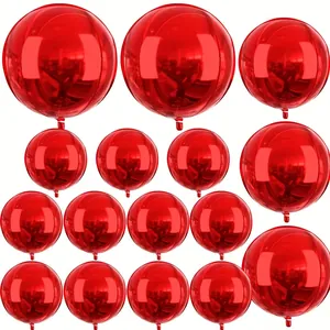 Spherical red 4D aluminum foil balloons with metallic mirror finish in multiple sizes