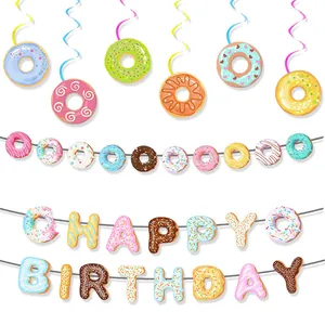 Donut themed Happy Birthday banner set with colorful donut spirals and paper flags