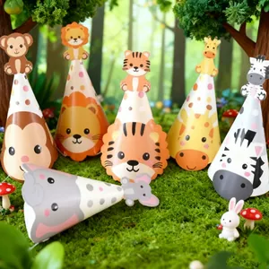 Set di Cappelli di Compleanno in Carta con Animali della Giungla per Bambini Cappelli a Cono Fai-da-te per Feste
