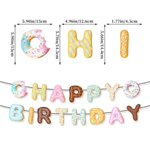 Donut themed Happy Birthday banner for kids party decoration with colorful frosting