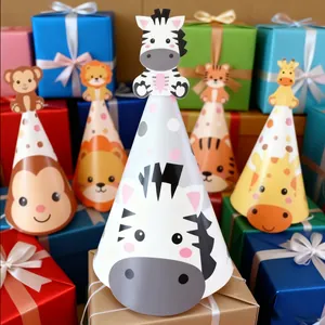 Cappelli di compleanno animali della giungla con motivi di leone, tigre e giraffa