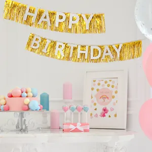 Bannière Happy Birthday à Franges Métallisées Fanions Lettres Pailletées Guirlande Suspendue pour Décoration de Fond de Fête