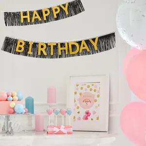 Bannière dorée Happy Birthday avec rideau à franges argentées pour décoration de fête