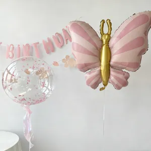 Pink and gold 3D butterfly balloon set with clear confetti bobby and birthday banner