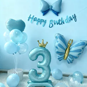 Blue number 3 balloon set with butterfly and crown for birthday party decoration