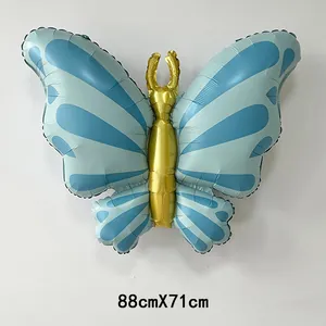 Detailed view of blue and gold butterfly foil balloon with dimensions 88cm x 71cm