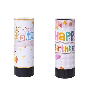 Zwei festliche Konfettikanonen mit bunten Ballons und Happy Birthday Mustern für Partys