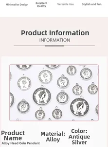 Macro detail of antique silver alloy coin charms with Queen Elizabeth relief for DIY jewelry
