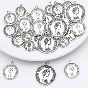Vintage silver alloy Queen Elizabeth coin charms for DIY jewelry making and crafts