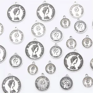 Antique silver Elizabeth II coin pendants in various sizes for DIY jewelry crafting
