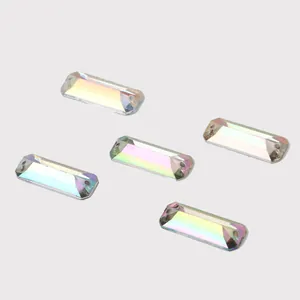 Detailed view of iridescent rectangle acrylic sew-on rhinestones with dual holes