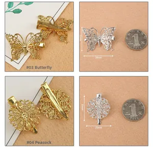 Vues détaillées de barrettes à cheveux papillon et paon en laiton avec comparatif