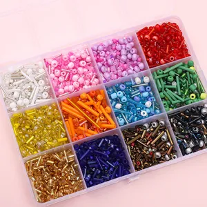 Detailed view of 12-slot storage box with colorful seed beads for DIY jewelry making