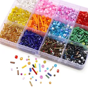 12-grid box of mixed colorful glass seed and bugle beads for DIY jewelry making kits