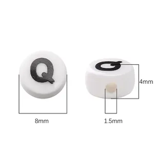 White 8mm ceramic letter Q alphabet bead for DIY jewelry making with dimensions