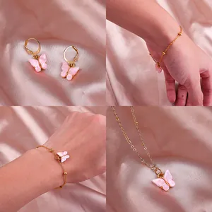 Parure de bijoux papillon rose en acrylique avec collier boucles d'oreilles et bracelet