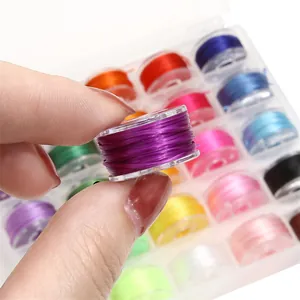 Macro shot of 25-color elastic thread bobbins in a clear plastic storage case