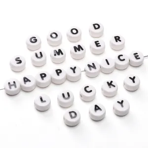 Flat round white ceramic alphabet beads with black letters for DIY jewelry making