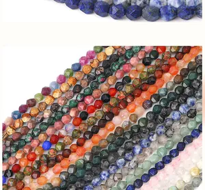 Macro shot of faceted natural stone beads including lapis lazuli and agate for DIY jewelry
