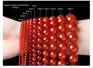 Size chart showing comparison of 2mm to 18mm red agate beads on a female wrist