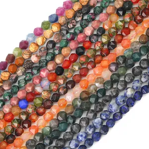 Faceted natural gemstone beads in mixed colors including agate and lapis for DIY jewelry