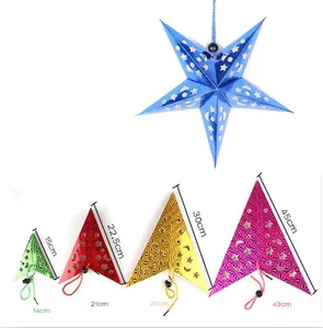 Laser-cut 3D star paper lanterns with moon patterns in various sizes and festive colors