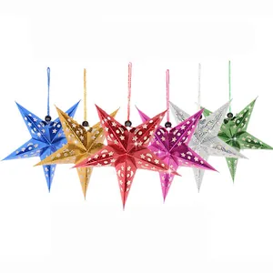 3D laser paper stars in six vibrant colors with moon and star cutout patterns for decor