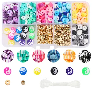 Bastelset für Schmuck mit 10-Raster-Box, bunten Heishi-Perlen und goldenen Abstandsperlen
