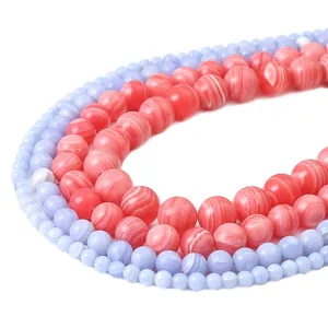 Polished synthetic pink and blue striped agate round beads for DIY jewelry making