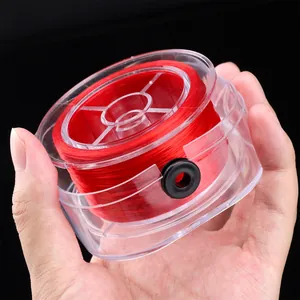 Close-up of red 0.8mm elastic crystal string in a protective case with a side outlet