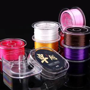 Macro view of colorful 0.8mm elastic crystal strings on spools in a plastic storage box