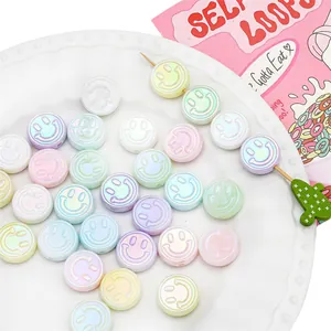 DIY Acrylic Iridescent Pearlescent Smiley Face Round Flat Beads Macaron Colors For Bracelet Necklace Jewelry Making