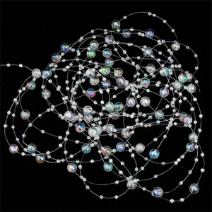 Macro detail of iridescent AB coated crystal beads on transparent decorative string