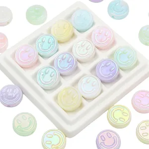 Iridescent smiley face acrylic loose beads in macaron colors for DIY jewelry making