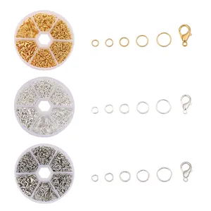 6-grid jewelry DIY kit with iron jump rings and lobster clasps in gold, silver, and black