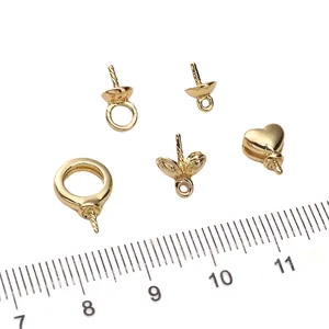 14K gold plated copper pearl peg bails in various styles with measurement ruler