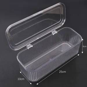 Transparent plastic storage box with lid and striped texture, 25cm length organizer
