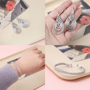 Handmade 2mm silver aluminum wire jewelry set with teardrop earrings and woven cuff bracelet
