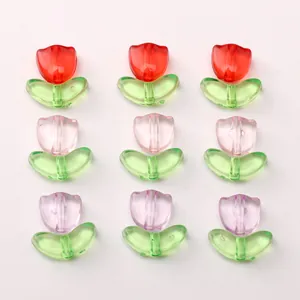 Macro shot of colorful acrylic tulip beads for DIY jewelry making in a neat 3x3 grid display