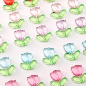 Tulip Flower Acrylic Beads With Leaf Floral Transparent Loose Beads For DIY Jewelry Making Handmade Necklace Material