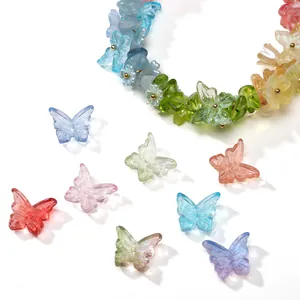 Macro shot of colorful glass butterfly beads and finished floral bracelet accessories