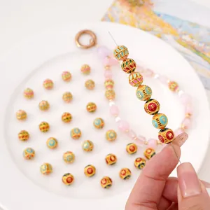 Colorful enamel DIY beads with gold alloy and Chinese characters for jewelry making