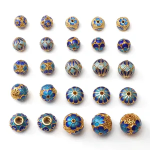 25pcs DIY jewelry cloisonne beads set with blue floral enamel patterns for bracelets