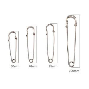 Thickened silver safety pins set in sizes 60mm to 100mm for DIY jewelry and crafts