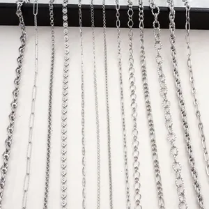 Vertical display of various stainless steel chain styles for DIY jewelry making