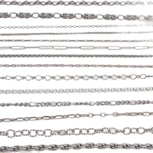 Flat lay of 14 assorted stainless steel DIY jewelry chains including Figaro and Cable styles
