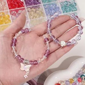 Handmade high-transparency glass bead bracelets with butterfly pendant and silver floral charms