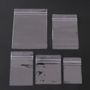 Five assorted sizes of thick transparent PVC zip lock bags with hanging holes for retail display