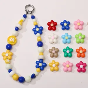 Colorful acrylic five-petal flower beads and beaded strap with silver ring connector